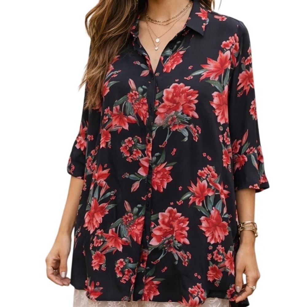 Zara Woman Blue Orange Floral Button‎ Up Blouse Size M Collared Flowy Semi Sheer